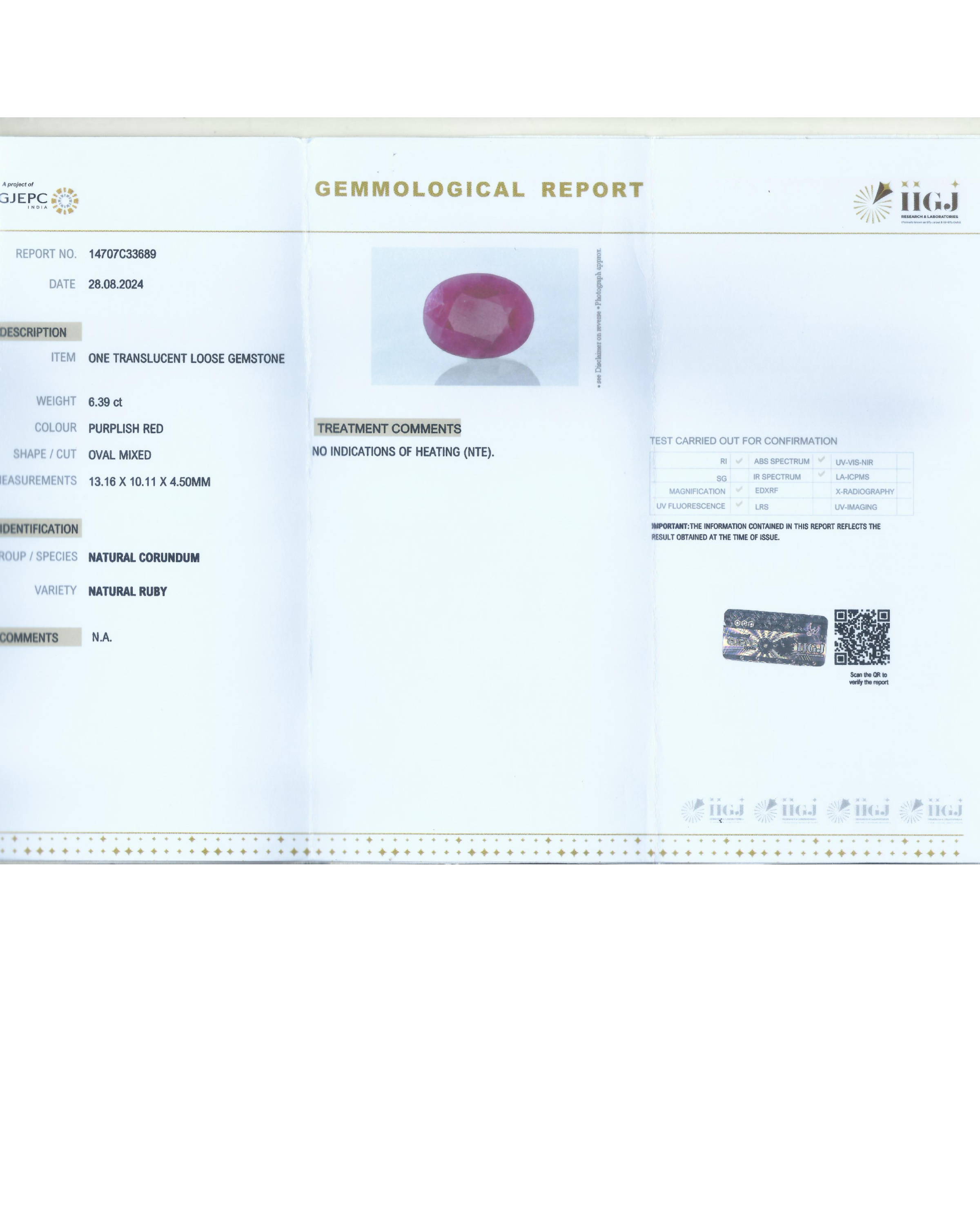 IIGJ Certified 6.39 Ct - 7.10 Ratti Unheated Untreated Natural Ruby Manik