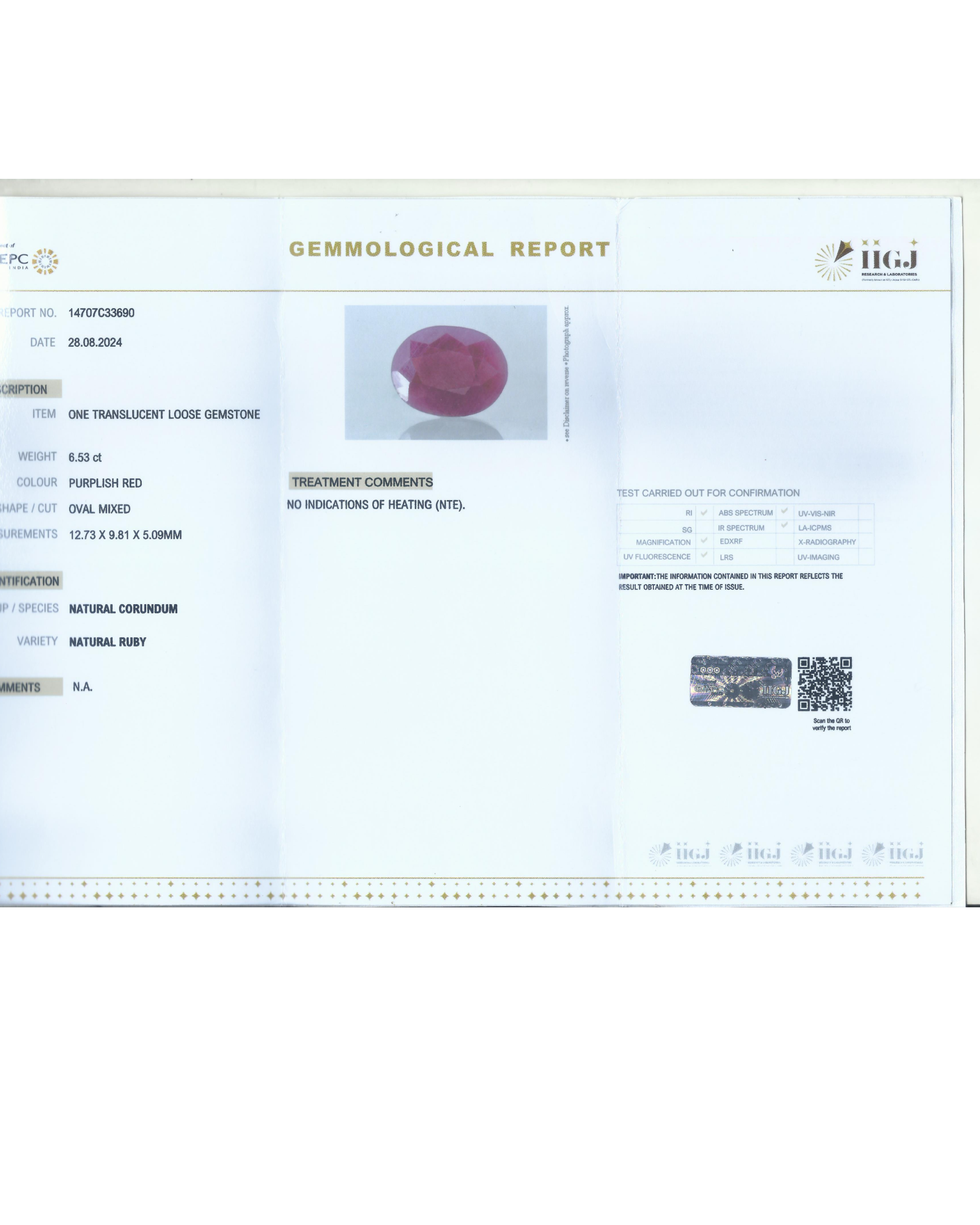 IIGJ Certified 6.53 Ct - 7.25 Ratti Unheated Untreated Natural Ruby Manik