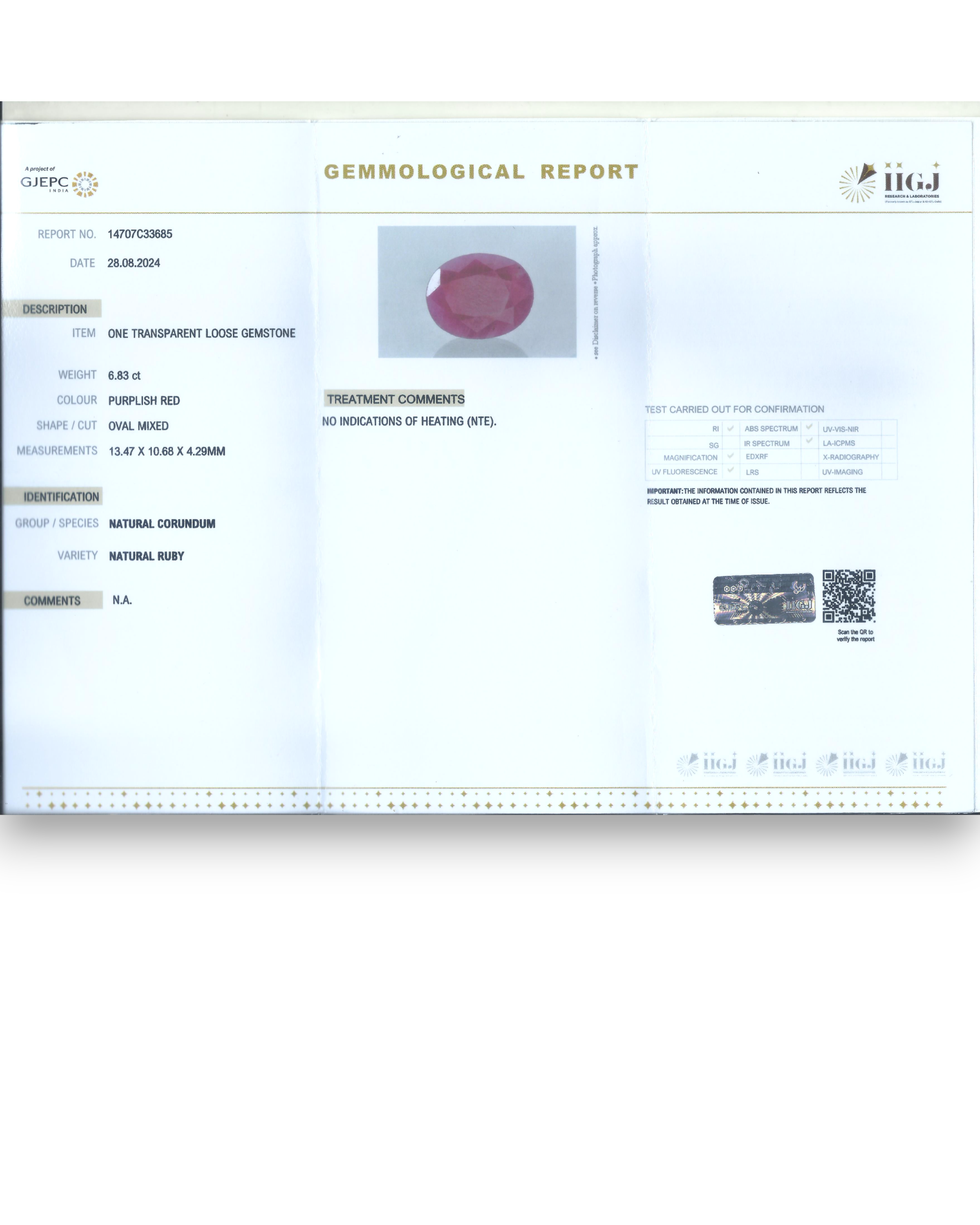 IIGJ Certified 6.83 Ct - 7.58 Ratti Unheated Untreated Natural Ruby Manik
