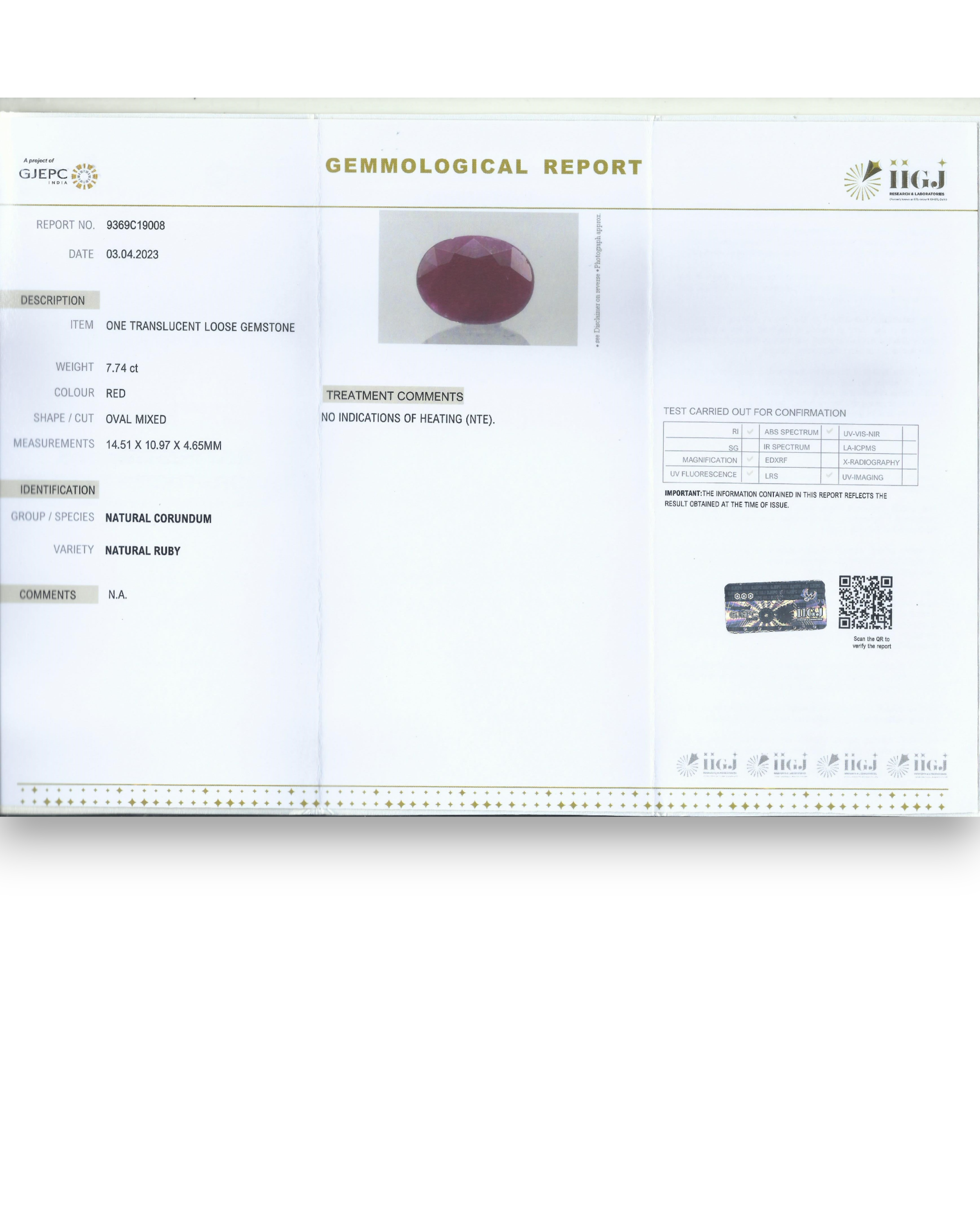 IIGJ Certified 7.74 Ct - 8.60 Ratti Unheated Untreated Natural Ruby Manik