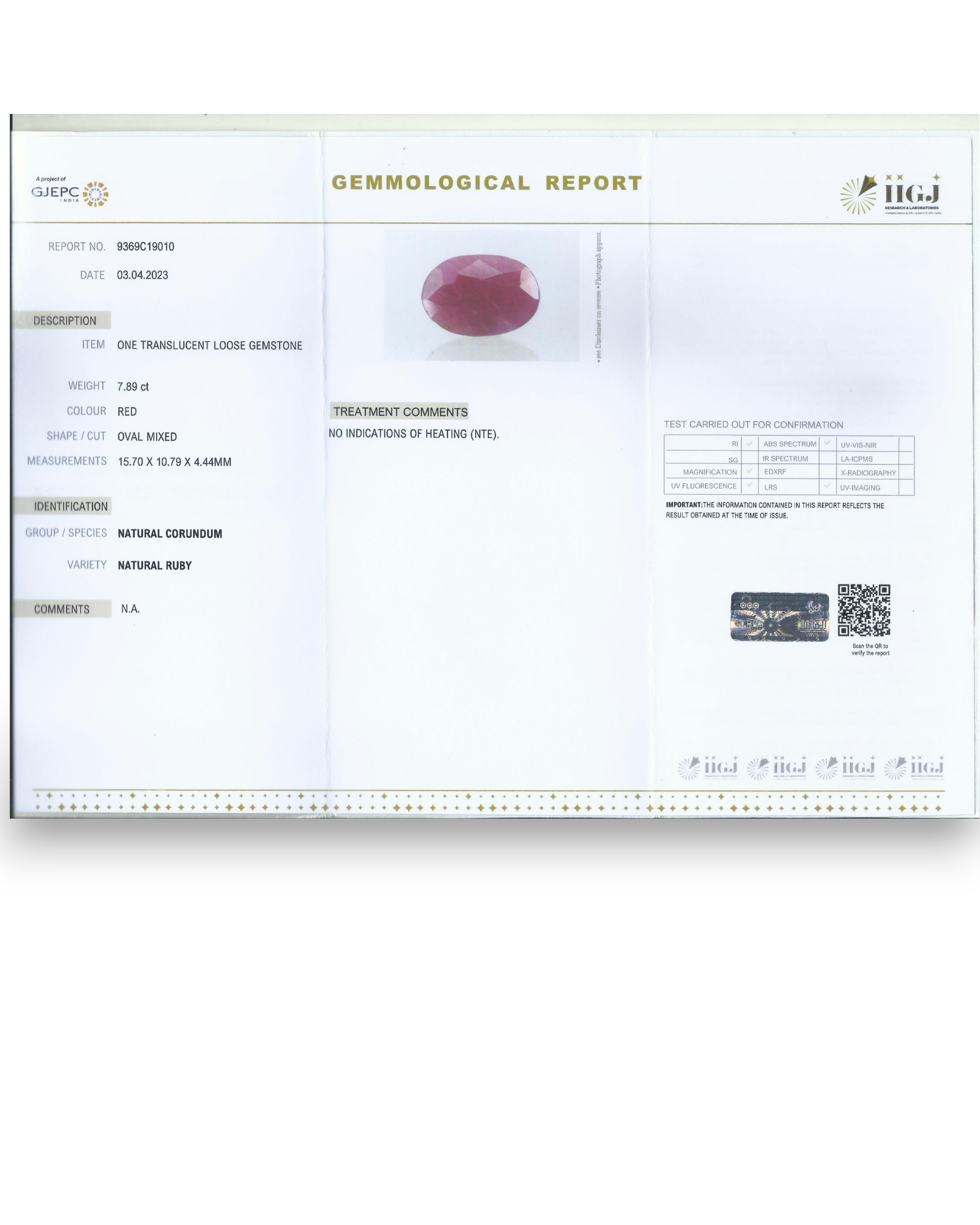 IIGJ Certified 7.89 Ct - 8.76 Ratti Unheated Untreated Natural Ruby Manik
