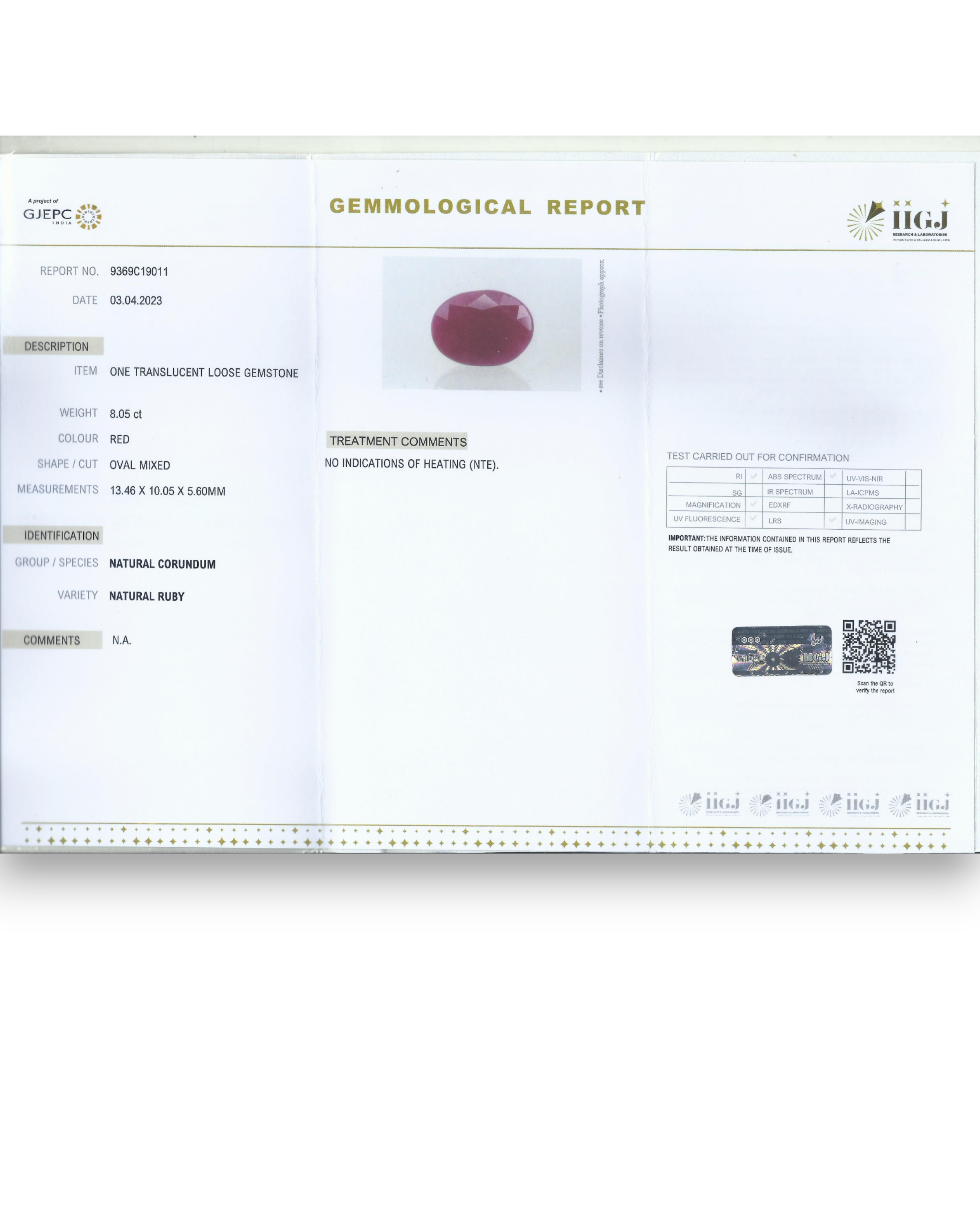 IIGJ Certified 8.05 Ct - 8.94 Ratti Unheated Untreated Natural Ruby Manik
