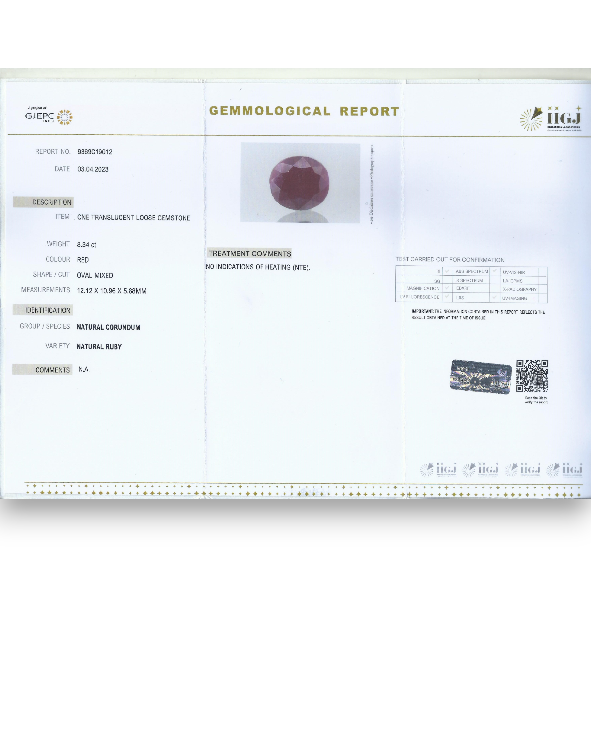 IIGJ Certified 8.34 Ct - 9.26 Ratti Unheated Untreated Natural Ruby Manik
