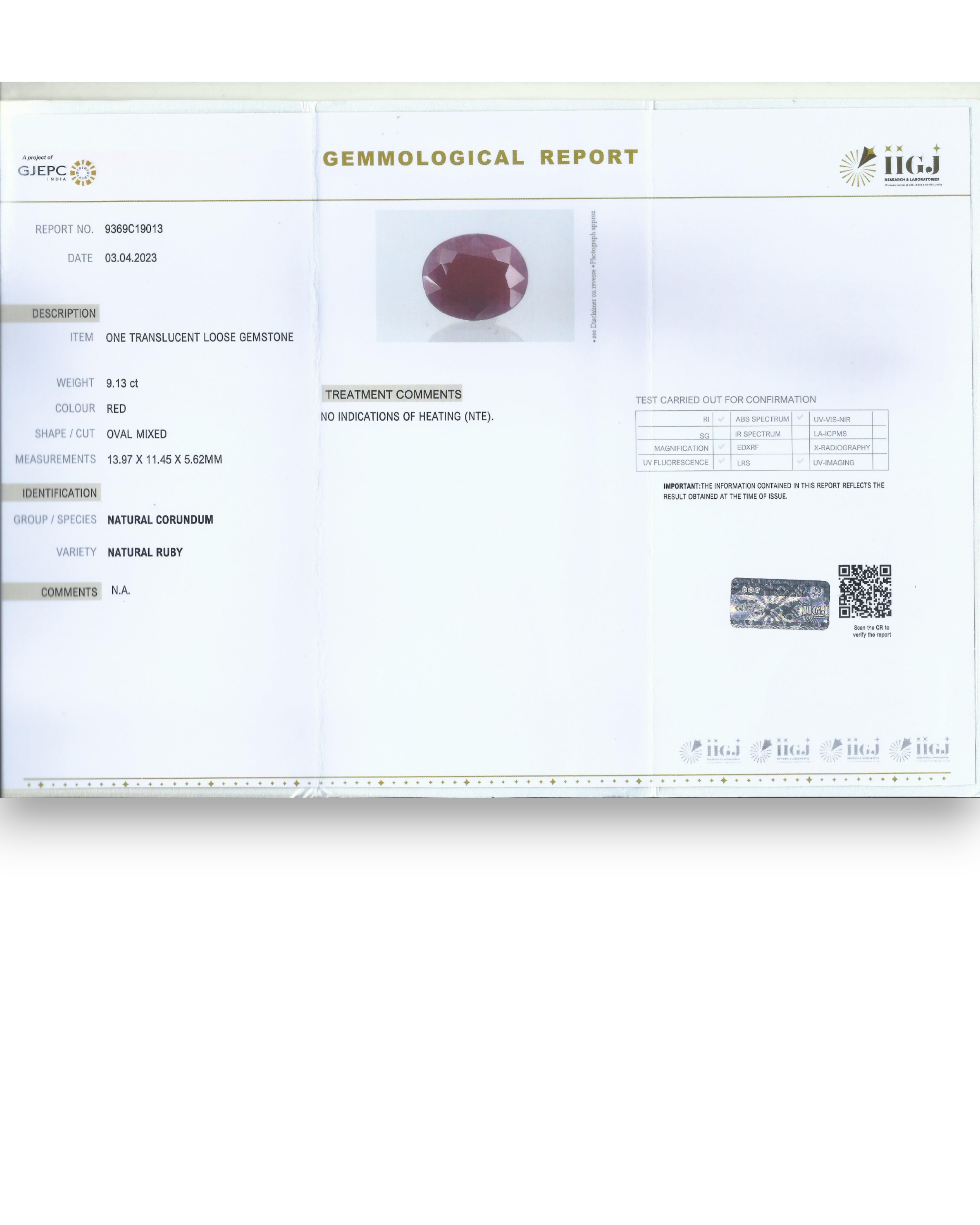 IIGJ Certified 9.13 Ct - 10.14 Ratti Unheated Untreated Natural Ruby Manik
