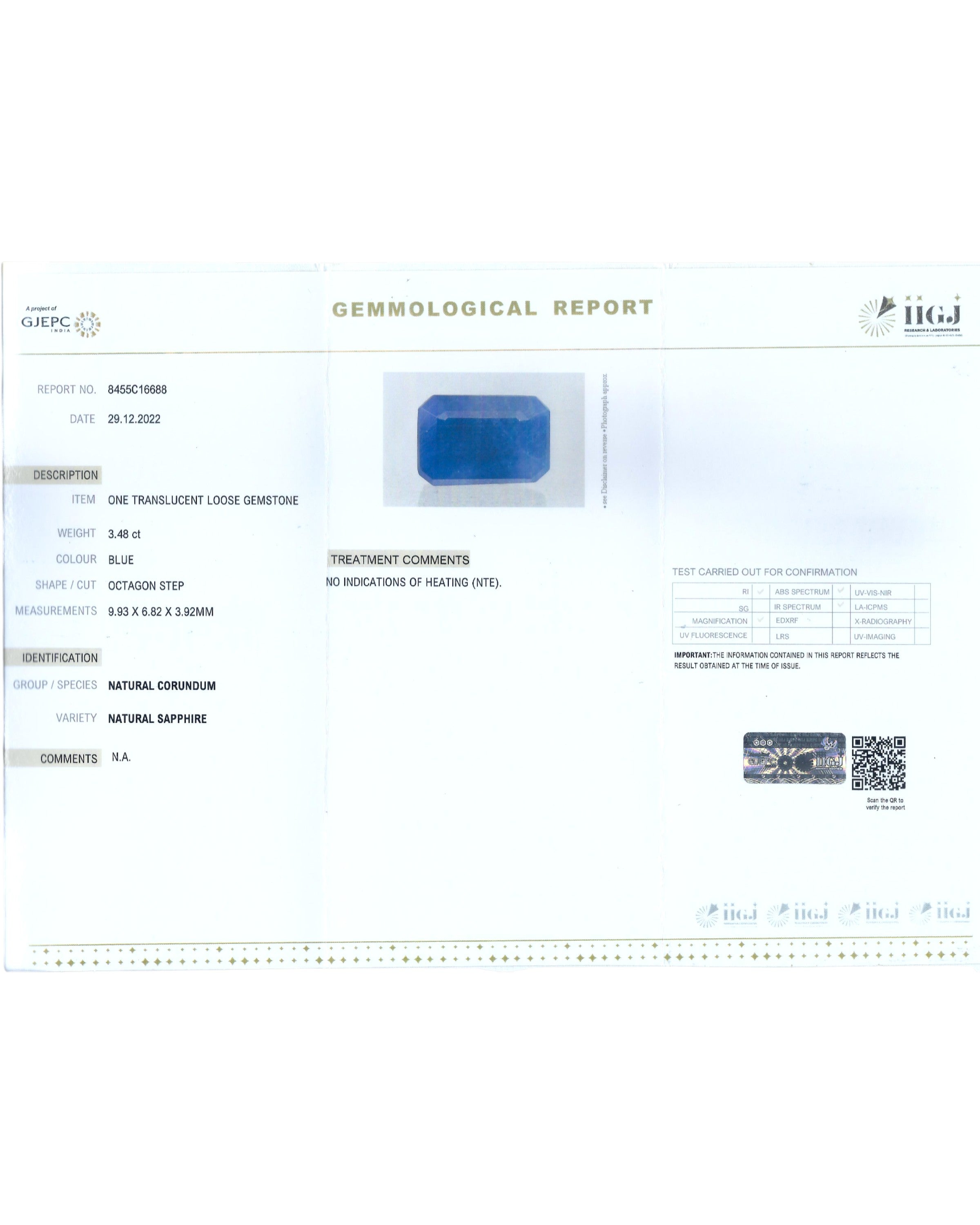 IIGJ Certified 3.48 Ct - 3.86 Ratti Natural Unheated Blue Sapphire-Neelam