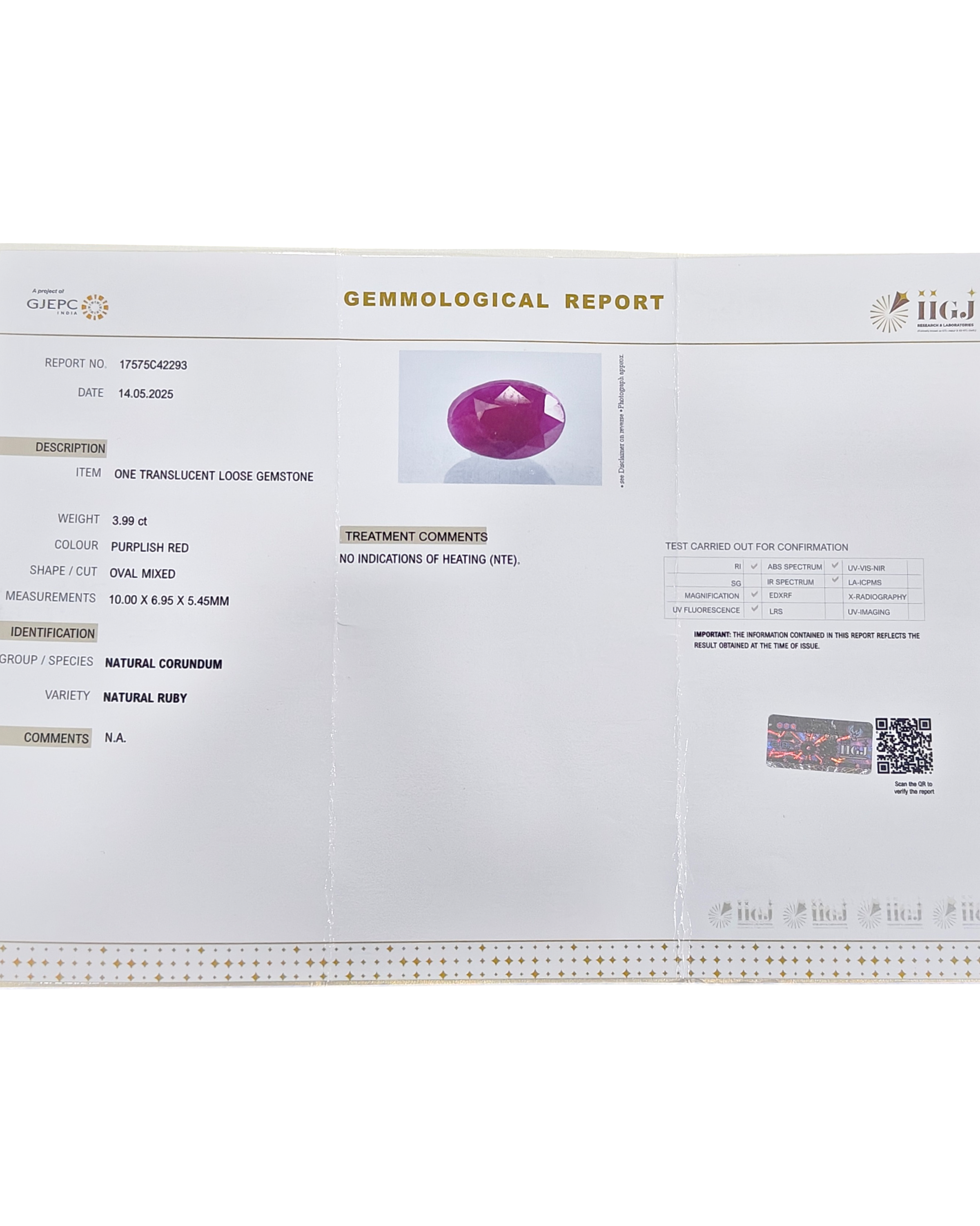 Premium Grade IIGJ Certified  3.99 Ct - 4.43 Ratti Natural Unheated Ruby