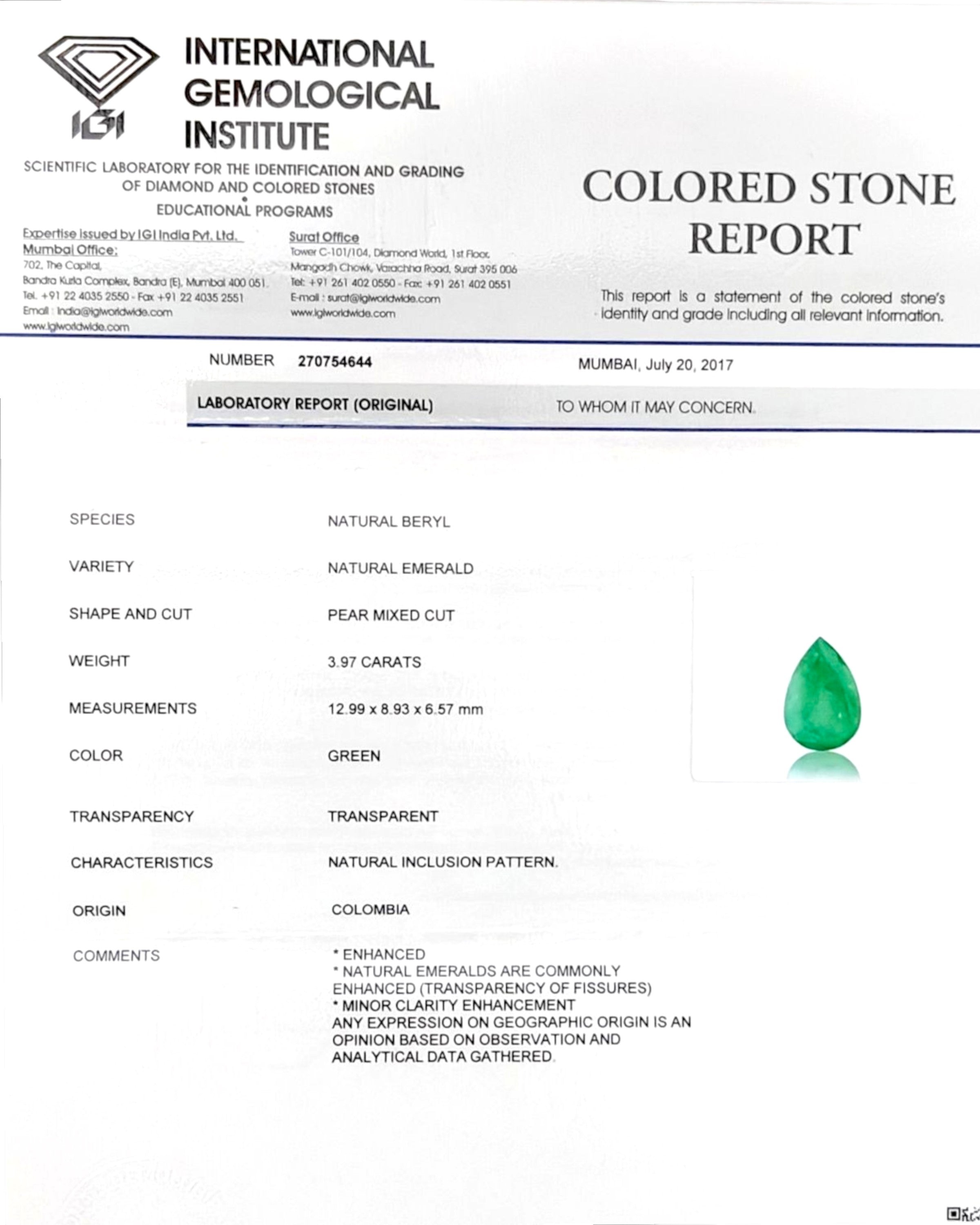 IGI Certified 3.97 Ct - 4.41 Ratti Natural Colombian Emerald Panna