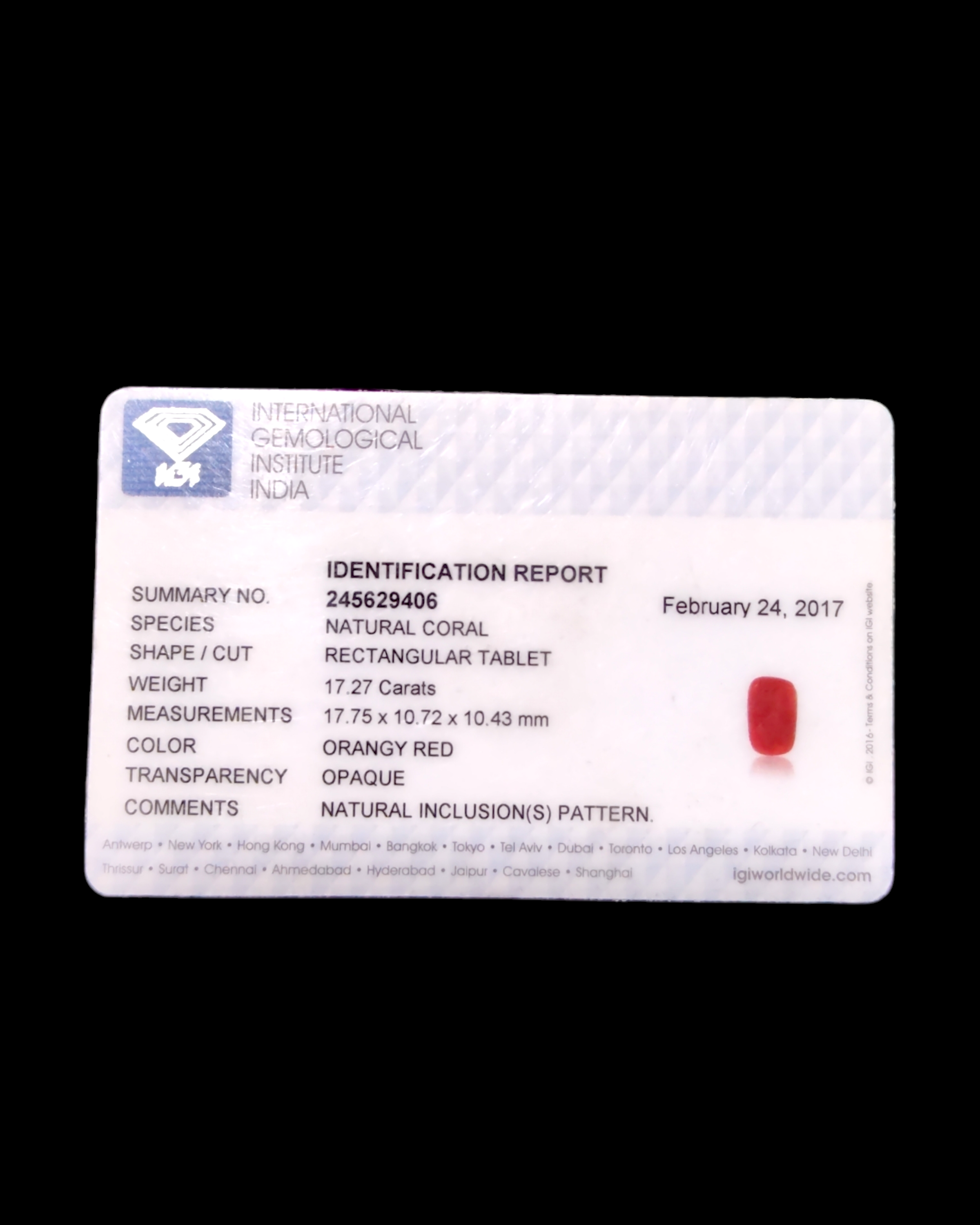 IGI Certified Premium 17.27 Ct - 19.18 Ratti Natural Italian Red Coral