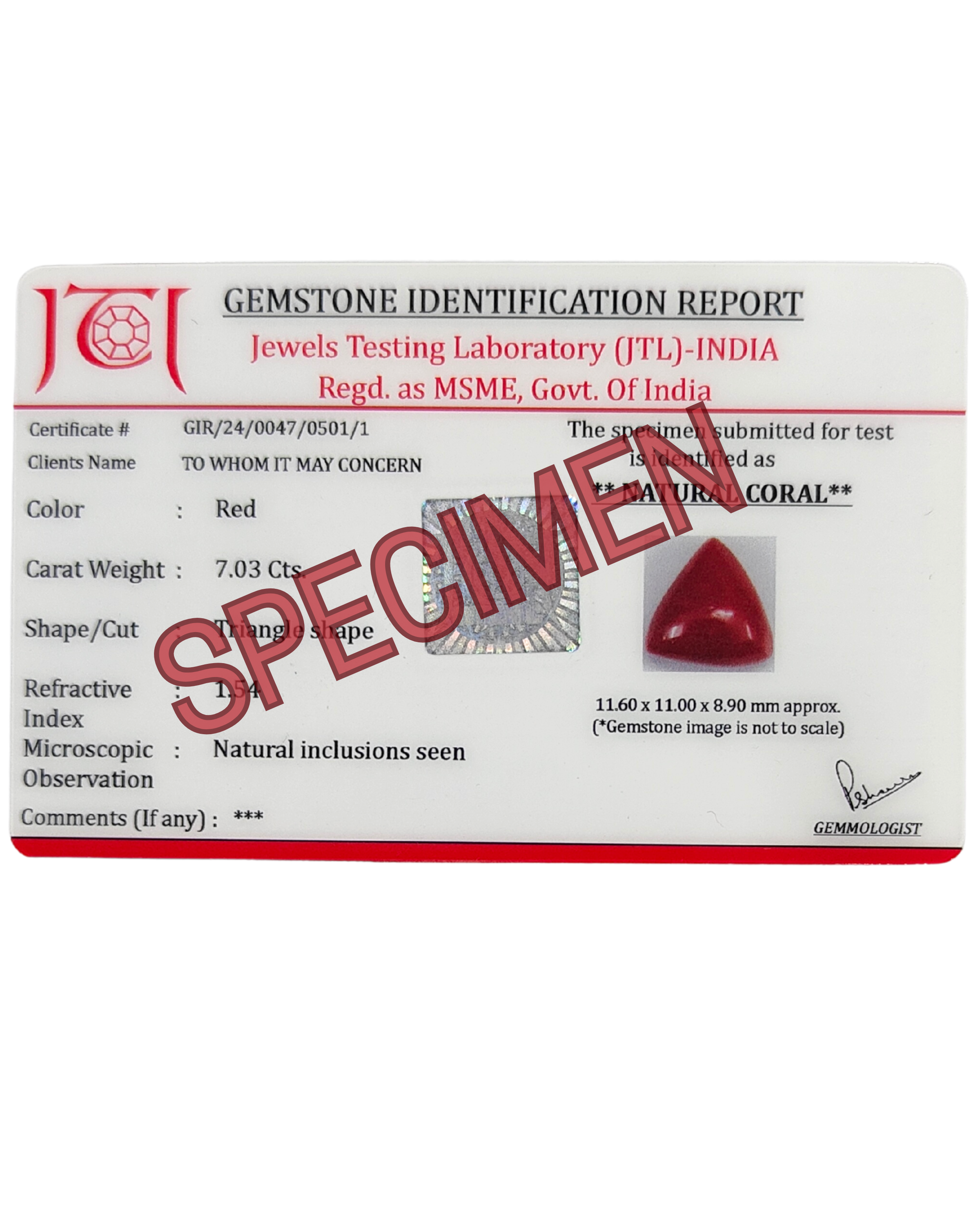 JTL Certified Premium 5.16 Ct - 5.73 Ratti Natural Italian Red Coral