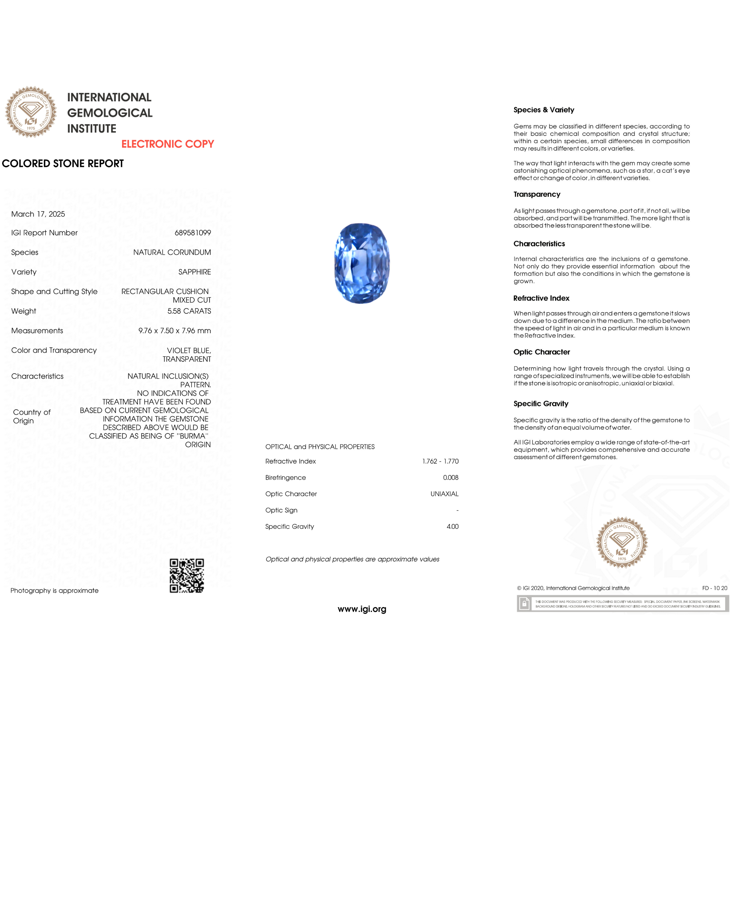IGI Certified 5.58 Ct - 6.20 Ratti Natural Unheated Burma Blue Sapphire - Neelam