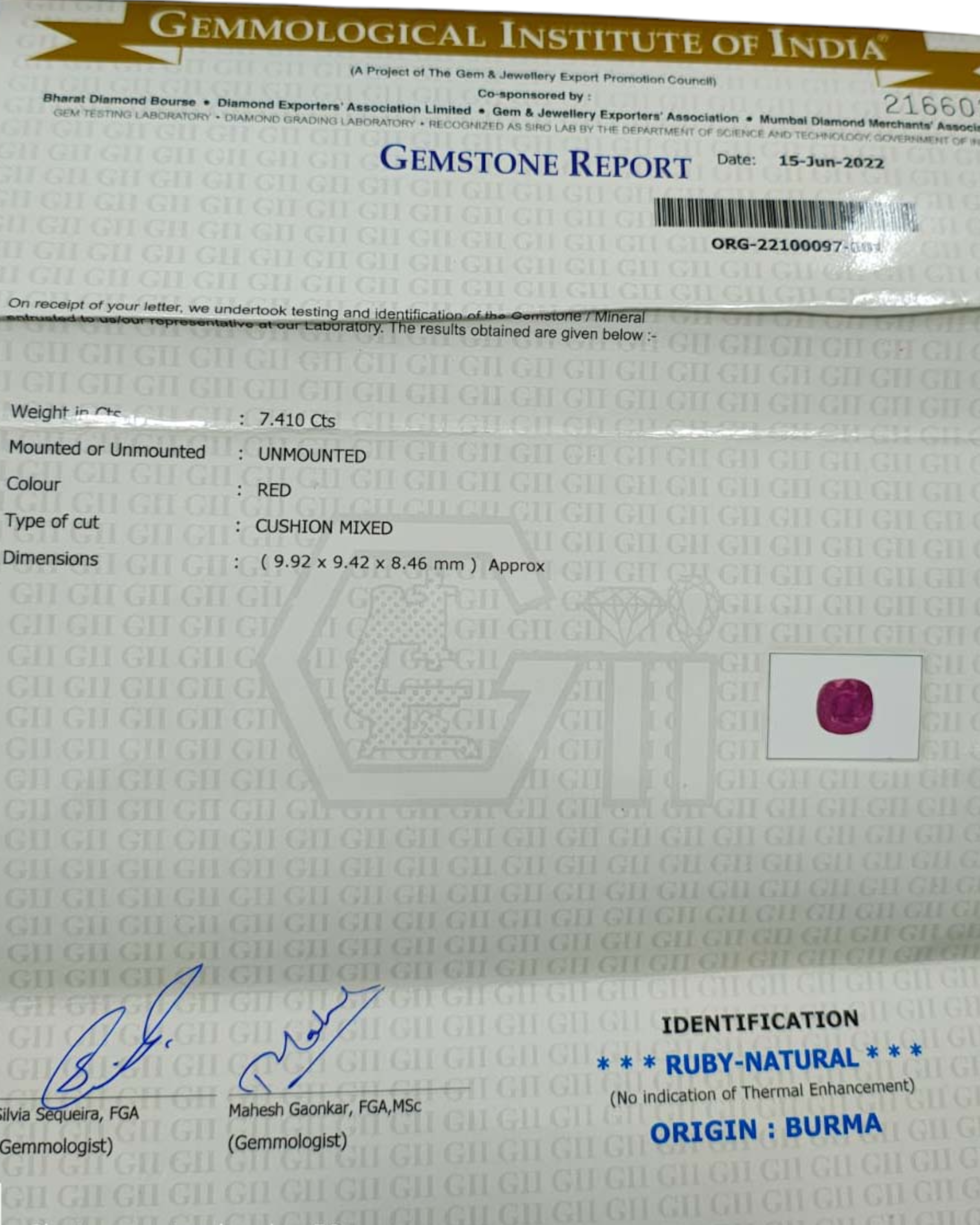 GII Certified 7.41 Ct - 8.23 Ratti Unheated Untreated Natural BURMA Ruby Manik