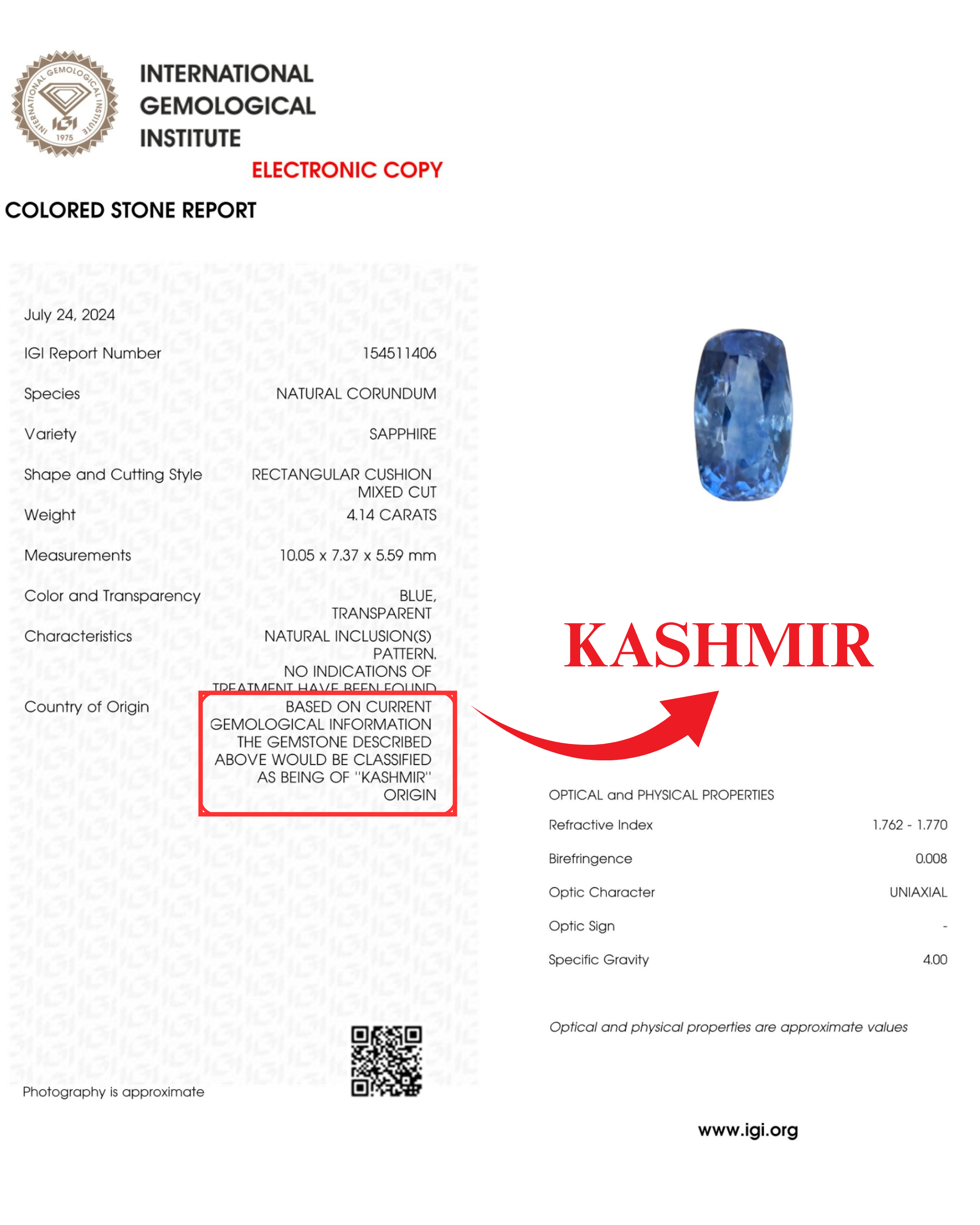 IGI CERTIFIED 4.14 CT NATURAL KASHMIR SAPPHIRE