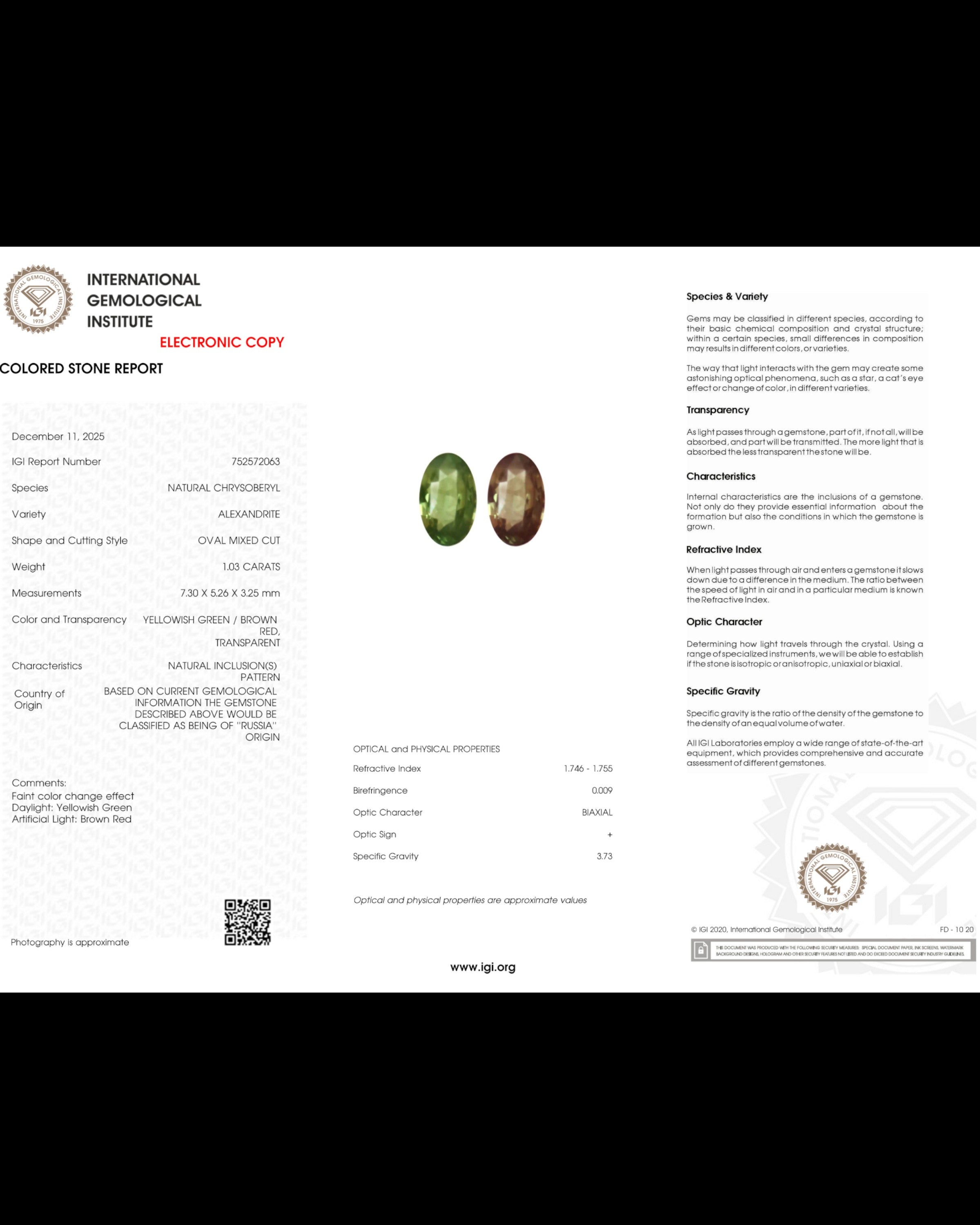 IGI Certified 1.03 Ct Natural Russia Alexandrite