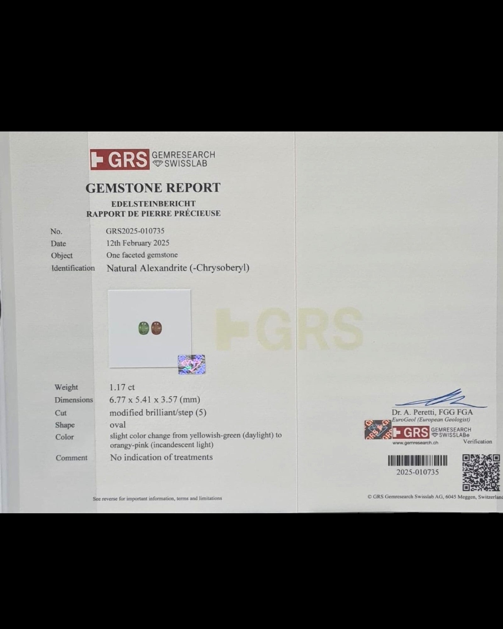 GRS Certified 1.17 Ct Natural Alexandrite