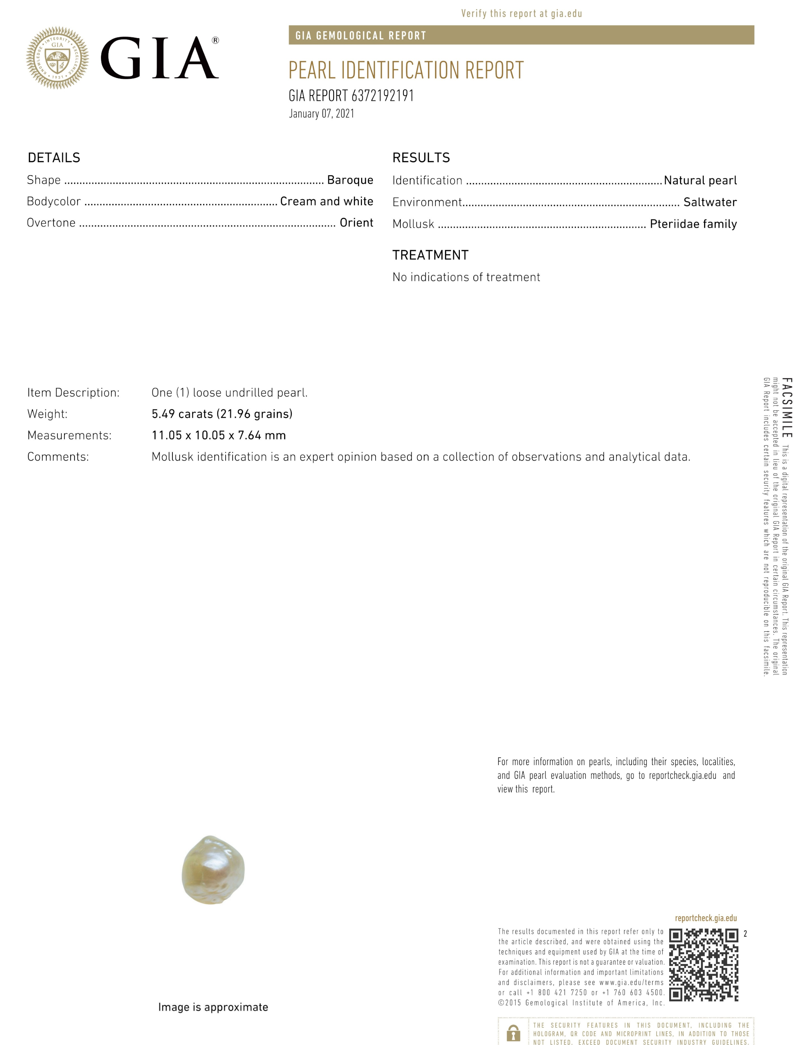 GIA Certified 5.49 Ct - 6.10 Ratti Natural Salt-Water Pearl ( Rare)