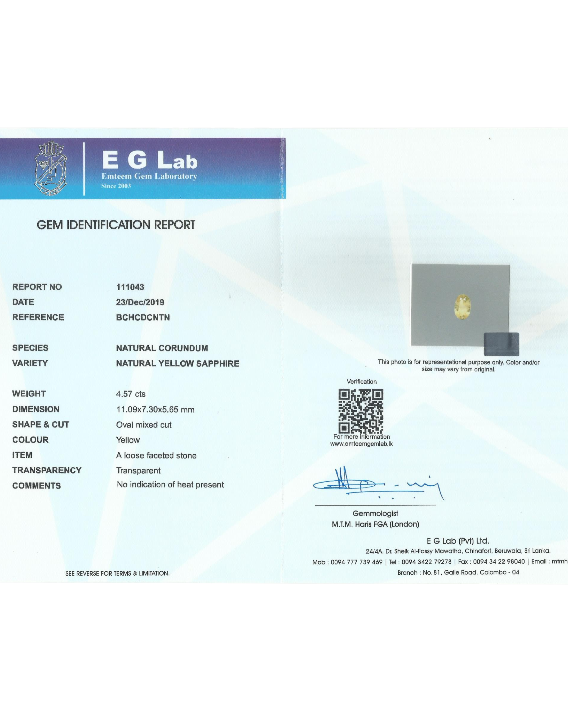 EGL Certified 4.57 Ct - 5.07 Ratti Natural Unheated Ceylon Yellow Sapphire -Pukhraj