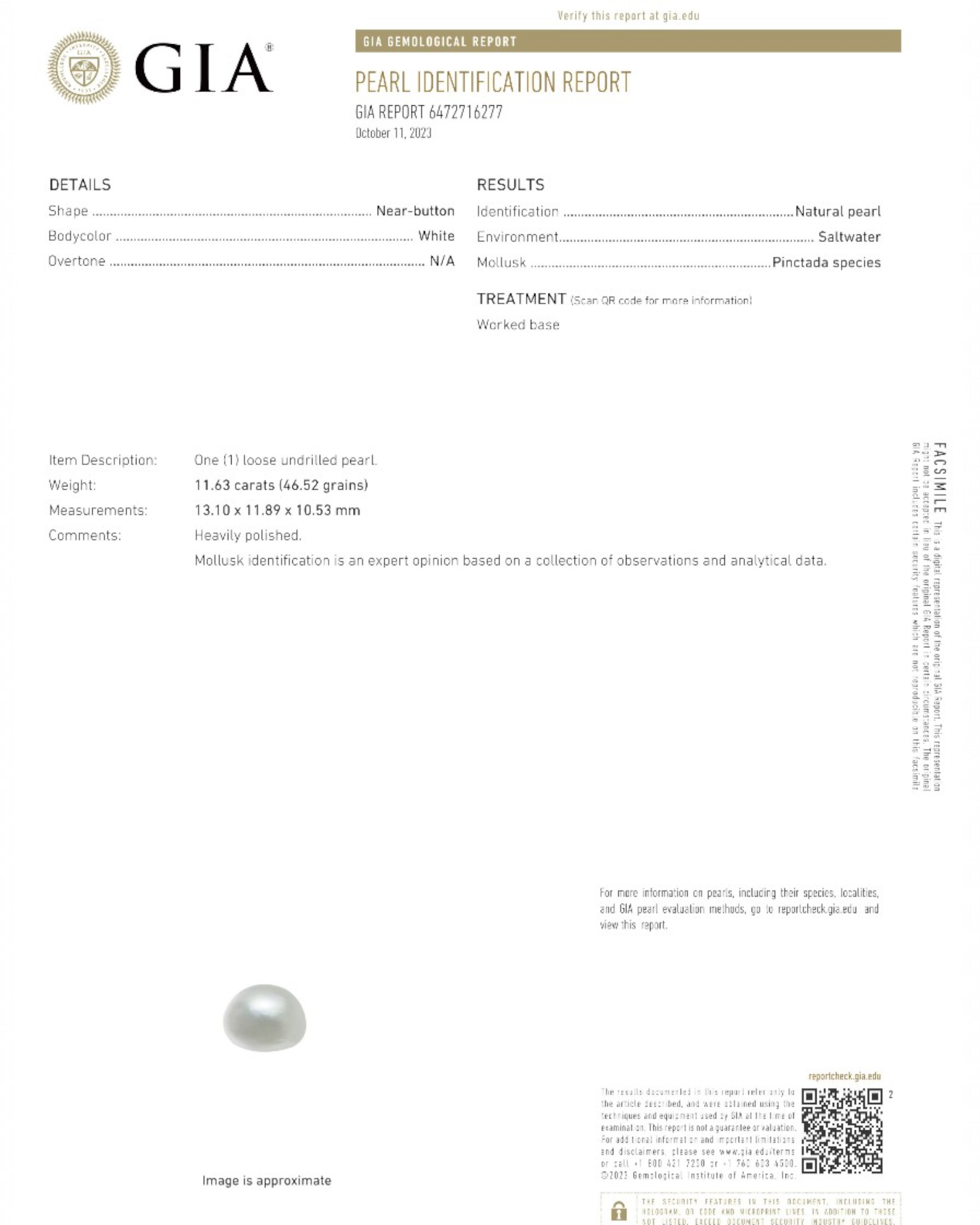 GIA Certified 11.63 Ct - 12.92 Ratti Natural Salt Water Pearl
