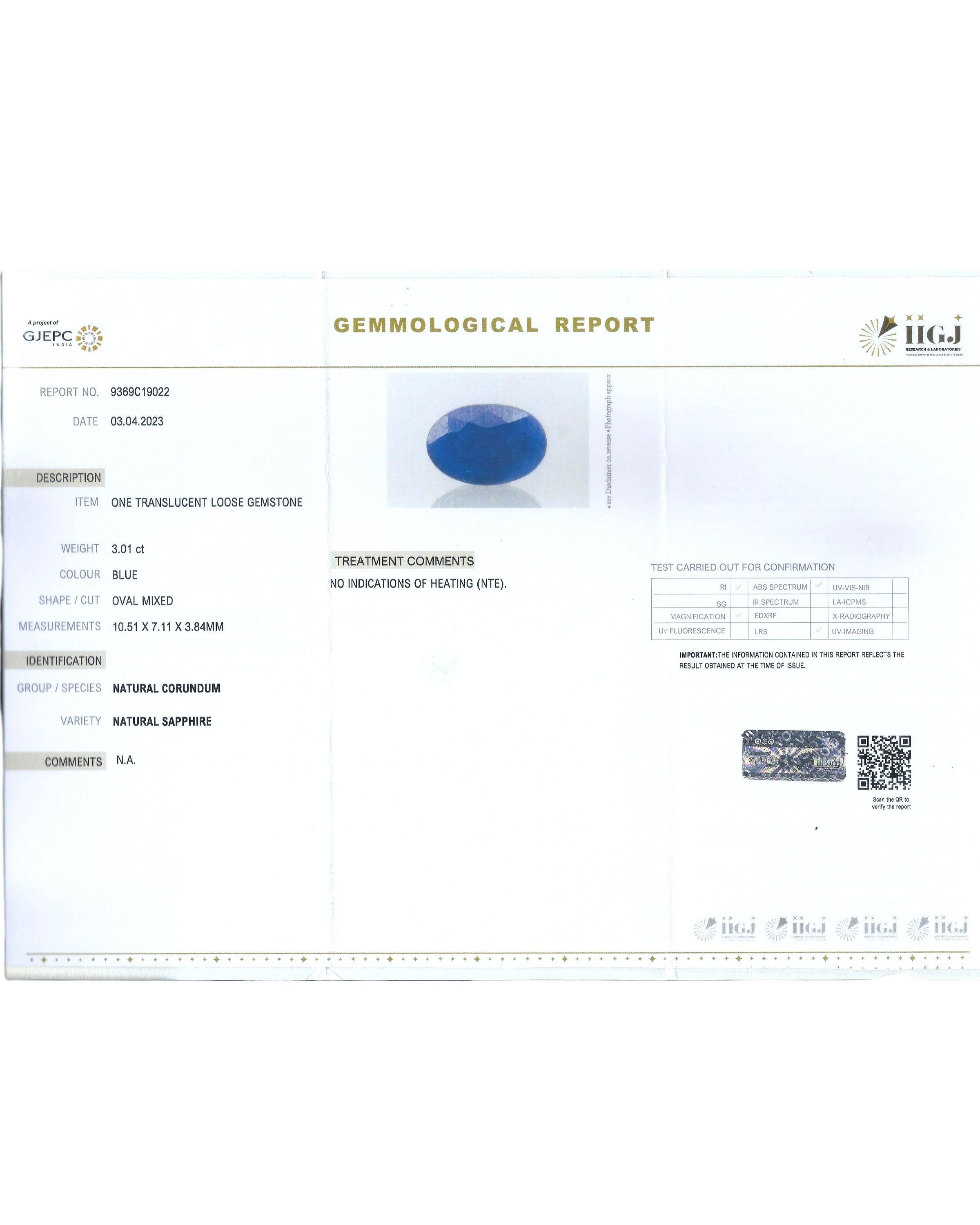IIGJ Certified 3.01 Ct - 3.34 Ratti Natural Unheated Blue Sapphire-Neelam