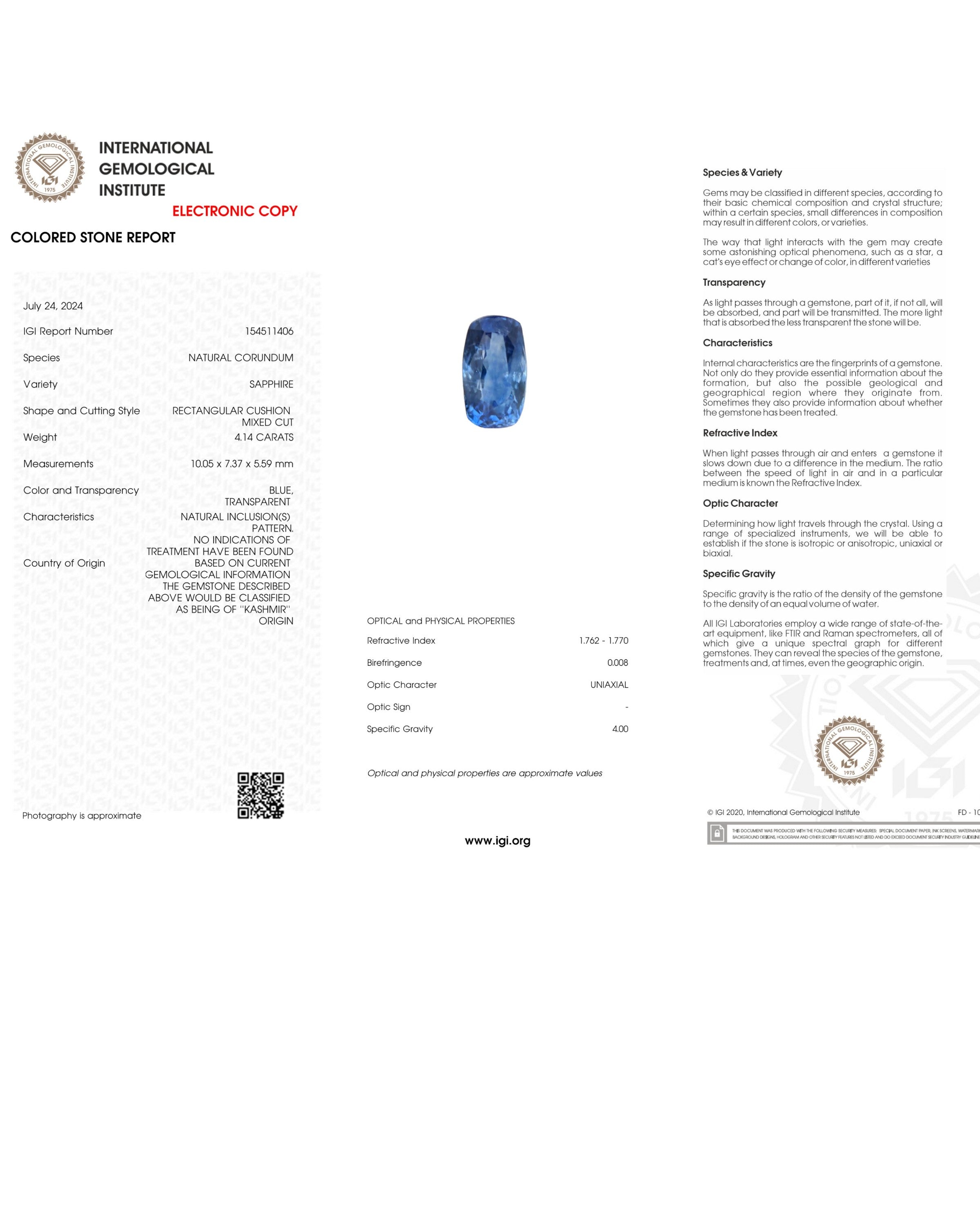 IGI CERTIFIED 4.14 CT NATURAL KASHMIR SAPPHIRE