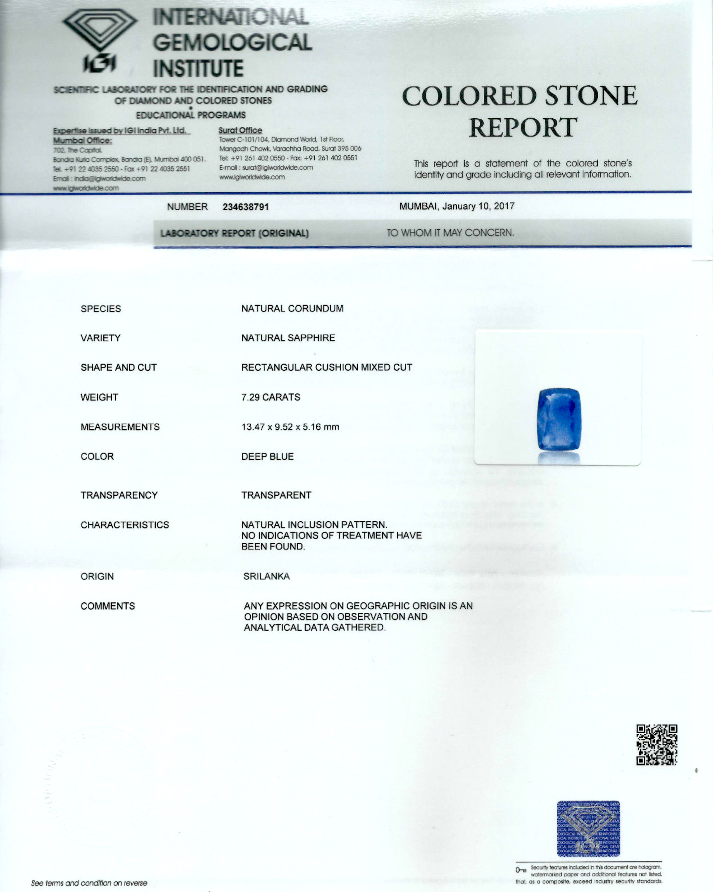 IGI Certified 7.29 Ct - 8.10 Ratti Natural Unheated Ceylon Blue Sapphire - Neelam