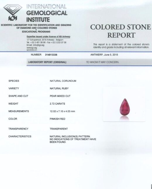 IGI Certified 2.72 Ct Natural Unheated Untreated Ruby/Manek