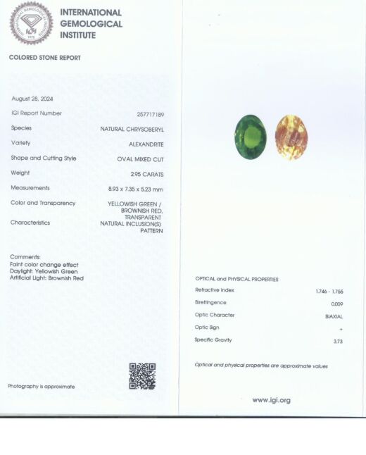 IGI Certified 2.95 Ct Natural Alexandrite (Good Color Change)