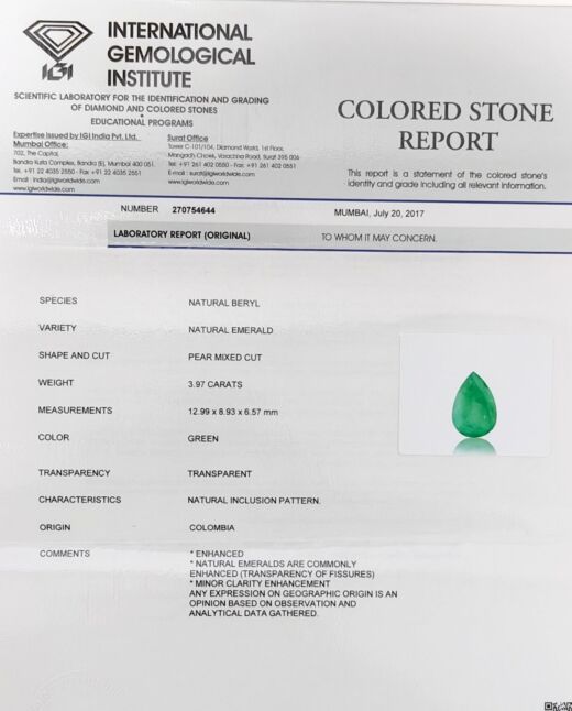 IGI Certifed 3.97 Ct{4.35 Ratti} Natural Colombian Emerald/Panna