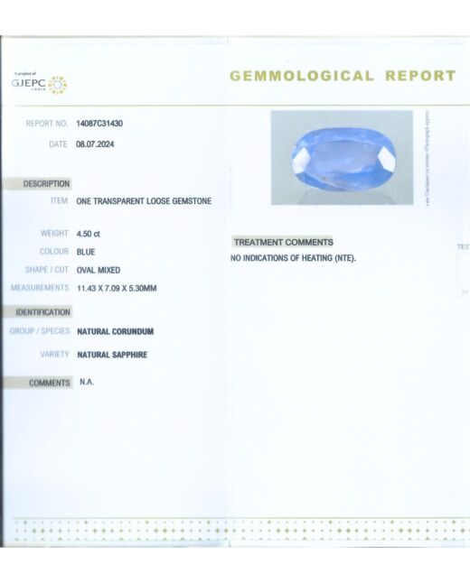 IIGJ Certified 4.50 Ct{4.93 Ratti} Natural Unheated Ceylon Blue Saapphire