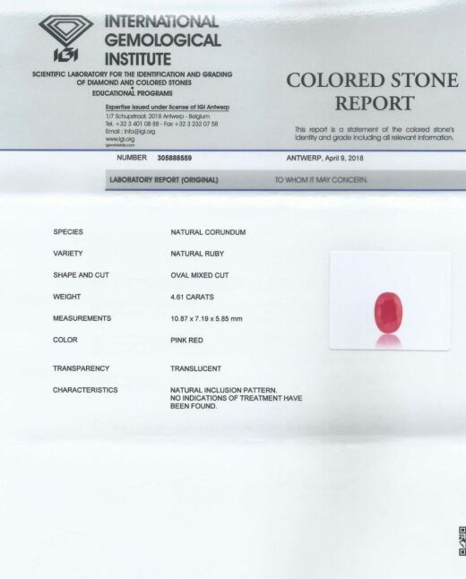 IGI Certified 4.61 Ct{5.05 Ratti} Natural Unheated Ruby/Manek