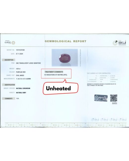 IIGJ Certified 4.90 Ct{5.37 Ratti} Natural Unheated Ruby/Manek
