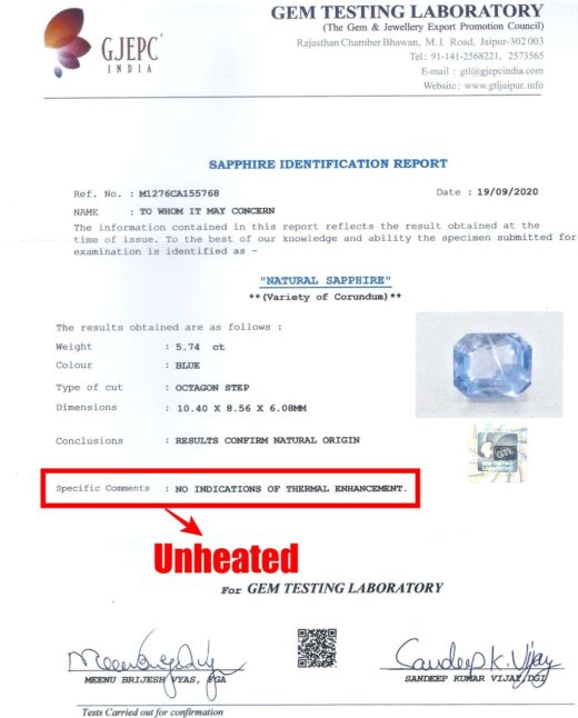 GTL CERTIFIED 5.74 CT {6.30 RATTI} NATURAL UNHEATED CEYLON BLUE SAPPHIRE/NEELAM
