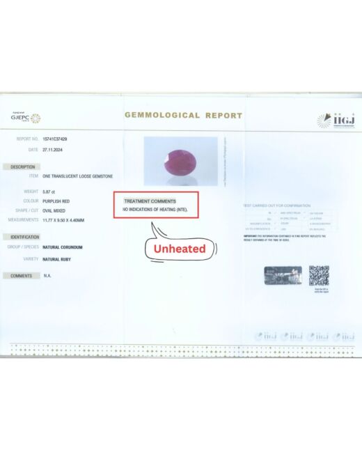 IGI Certified 5.87 Ct{6.44 Ratti} Natural Unheated Ruby/Manek