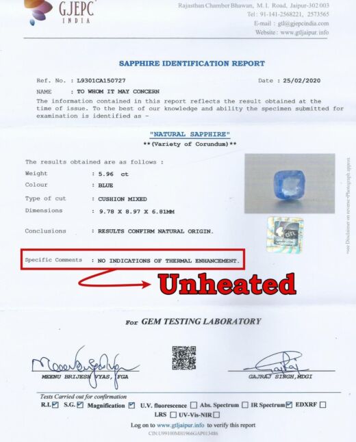  GTL CERTIFIED 5.96 CT{6.54 RATTI} NATURAL UNHEATED UNTREATED CEYLON BLUE SAPPHIRE