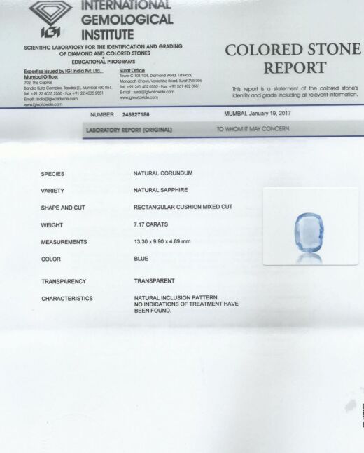 IGI CERTIFIED 7.17 CT {7.86 RATTI} NATURAL UNHEATED CEYLON BLUE SAPPHIRE/NEELAM