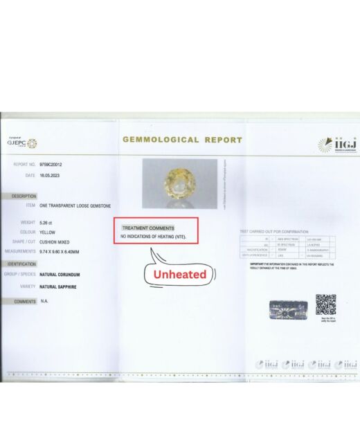  IIGJ CERTIFIED 5.26 CT{5.77 RATTI} NATURAL UNHEATED CEYLON YELLOW SAPPHIRE/PUKHRAJ