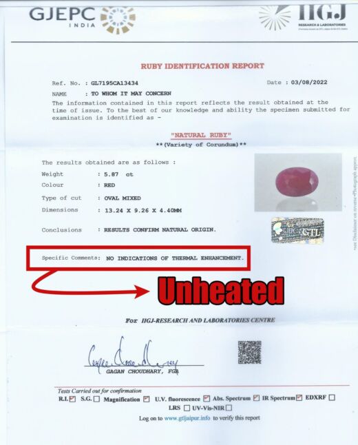 IGI Certified 5.87 Ct{6.44 Ratti} Natural Unheated Ruby/Manek