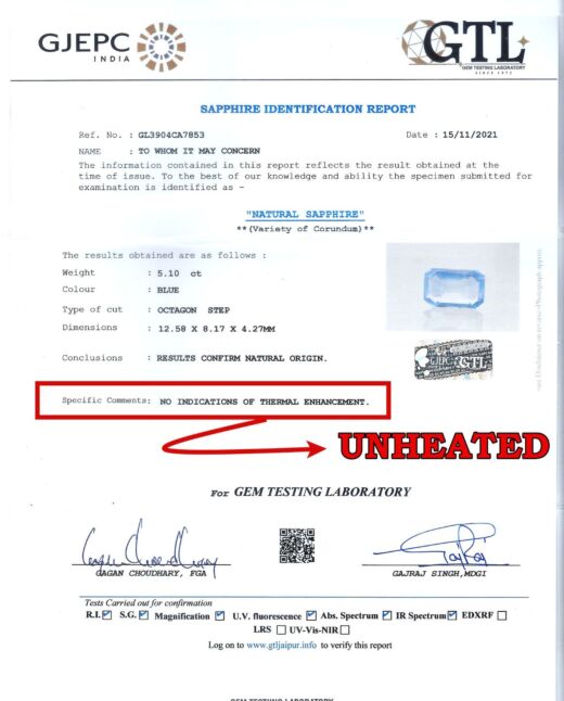 GTL CERTIFIED 5.10 CT{5.59 RATTI} NATURAL UNHEATED CEYLON BLUE SAPPHIRE/NEELAM